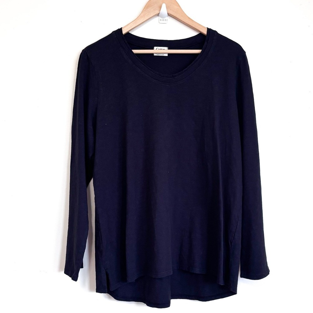 Cotton Lani Womens Long Sleeve Top T Shirt Large Black Slub Knit Scoop Neck USA